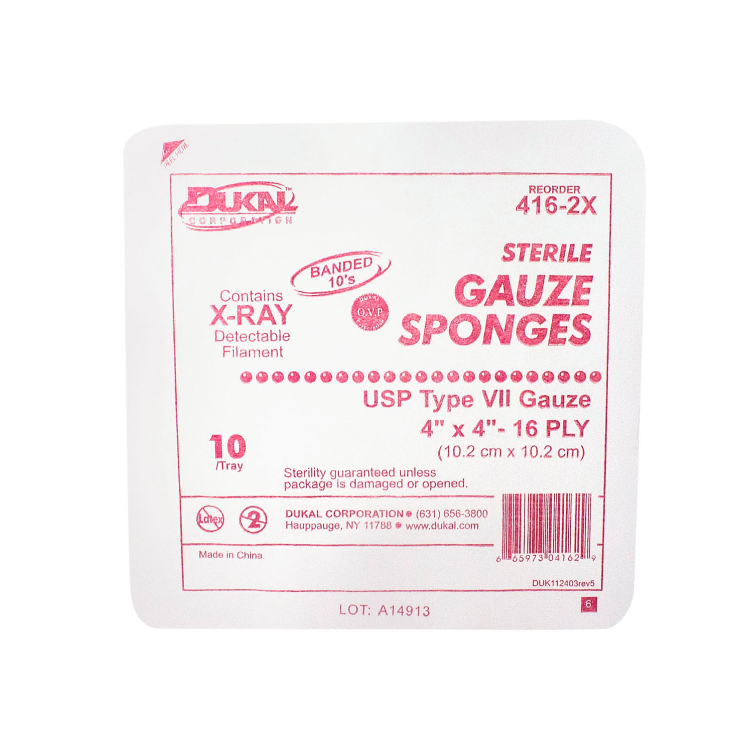 DUKAL X-RAY DETECTABLE GAUZE SPONGES : 416-2X TR $1.77 Stocked