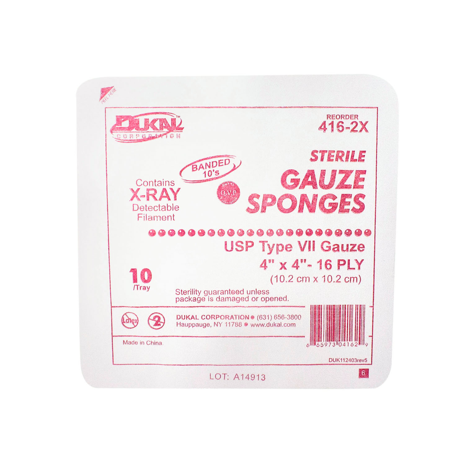 DUKAL X-RAY DETECTABLE GAUZE SPONGES : 416-2X CS         $153.75 Stocked