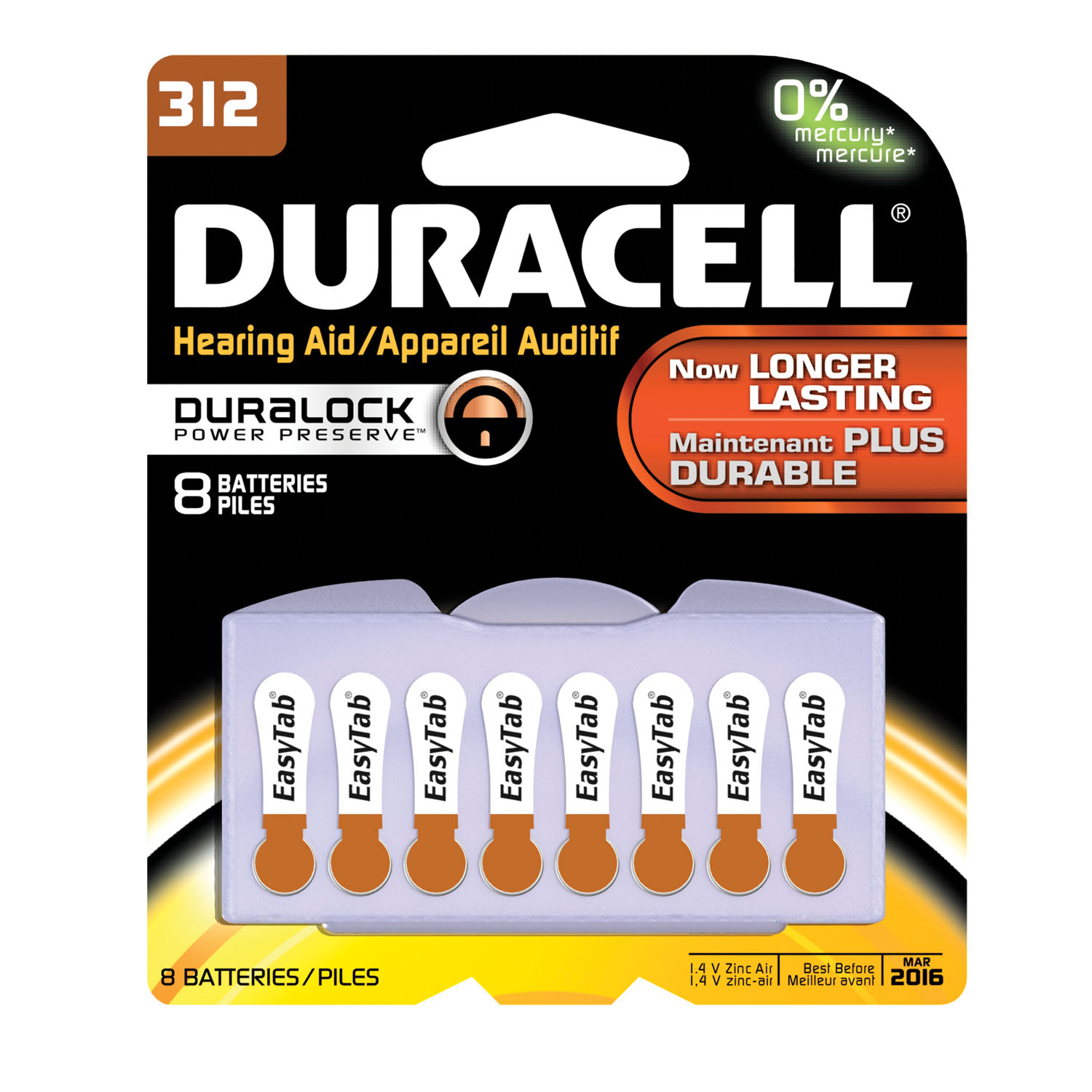 DURACELL HEARING AID BATTERY : DA312B8W BX         $56.20 Stocked