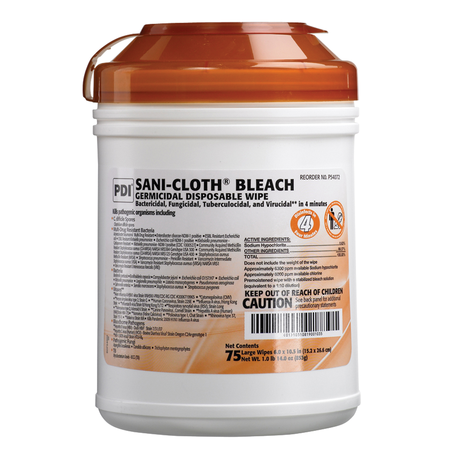 PDI SANI-CLOTH BLEACH GERMICIDAL DISPOSABLE WIPE : P54072 EA     $11.83 Stocked