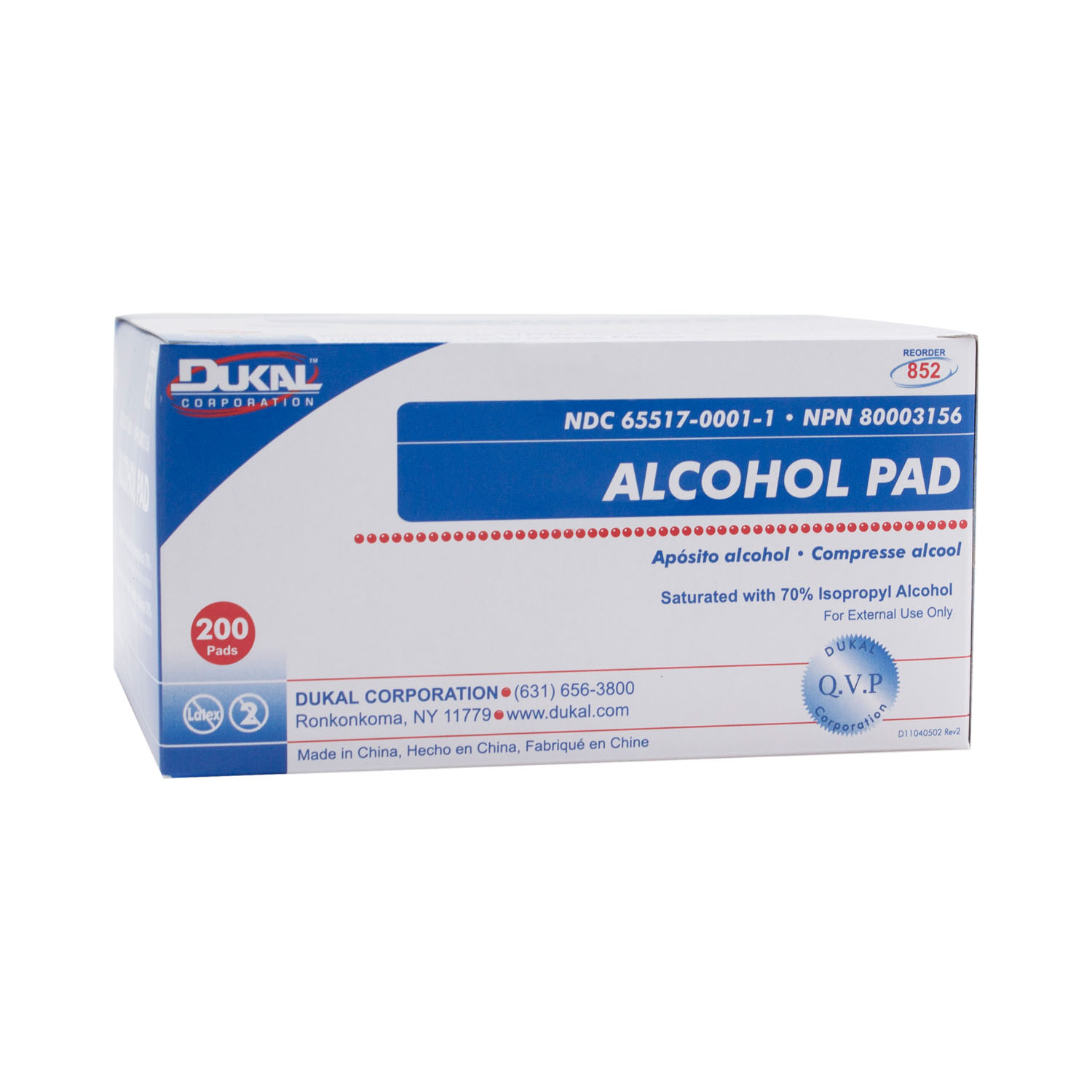 DUKAL ALCOHOL PADS : 852 BX